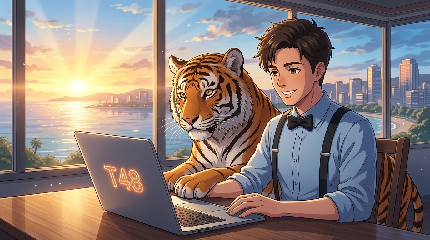 TIGRE_48 y su tigre programando en la laptop T48